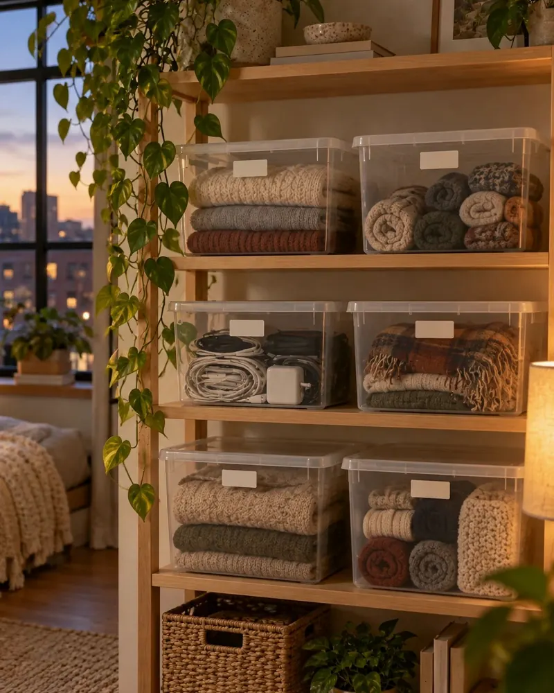 Illustration: Clear stackable storage bins